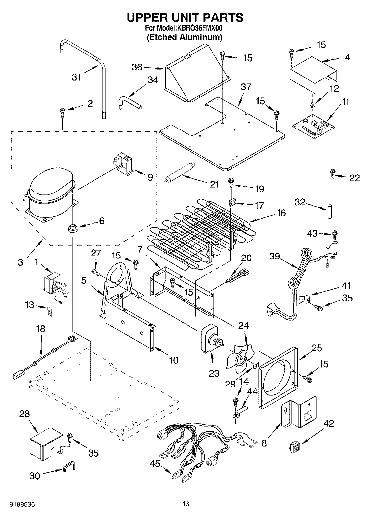 UPPER UNIT PARTS Diagram and Parts List for KBRO36FMX00  KitchenAid Refrigerator