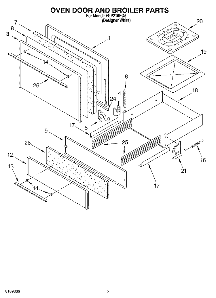 OVEN DOOR AND BROILER Diagram and Parts List for FGP210EQ5  Roper Range