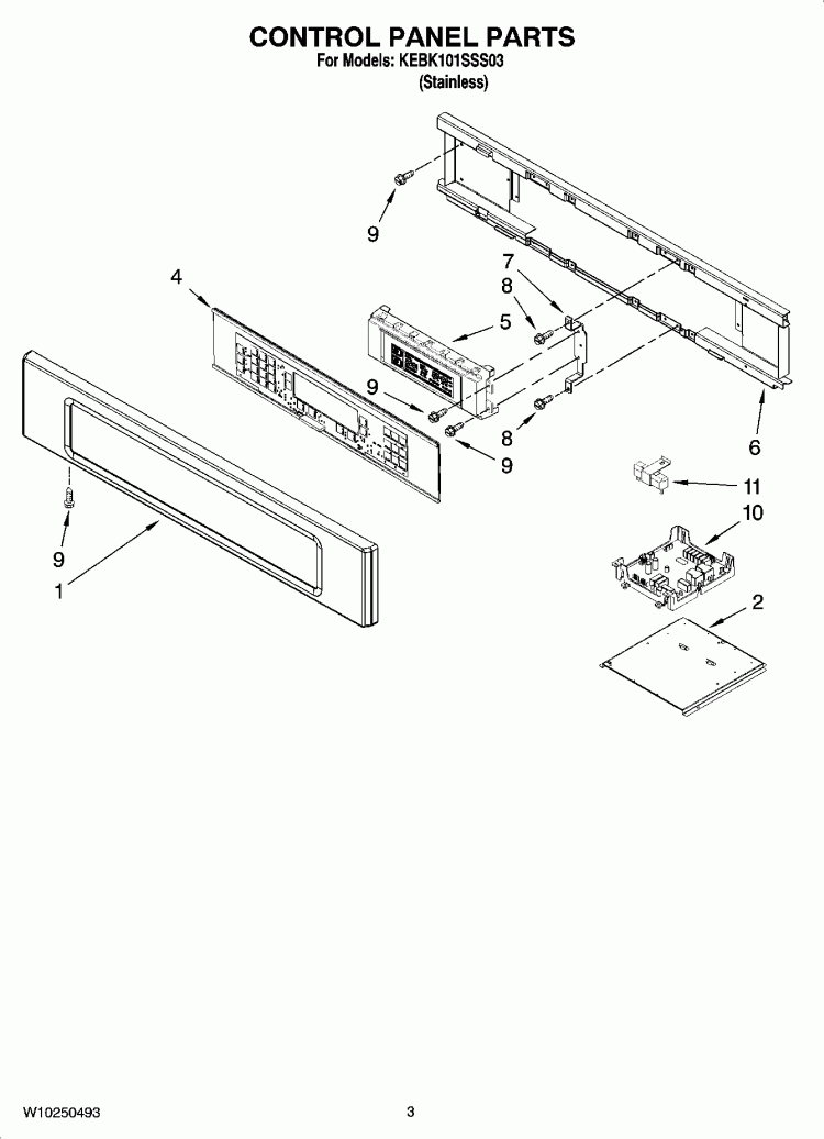 CONTROL PANEL PARTS Diagram and Parts List for KEBK101SSS03  KitchenAid Wall Oven