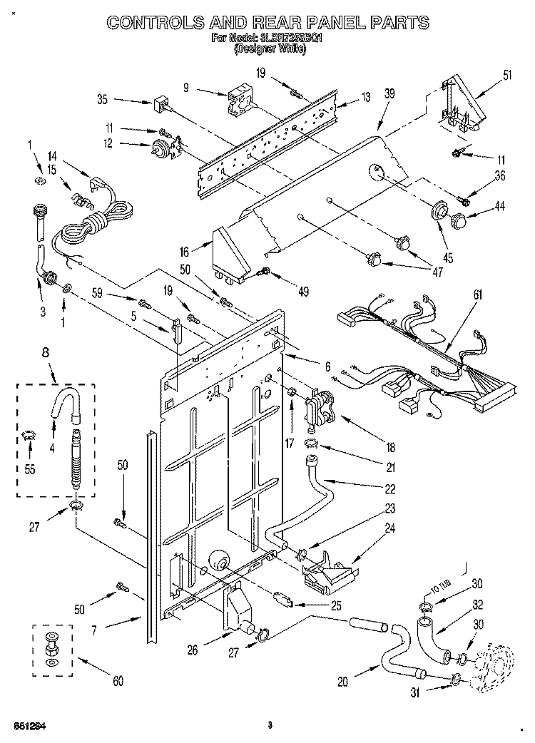 CONTROLS AND REAR PANEL Diagram and Parts List for 3LBR7255BQ1  Whirlpool Washer