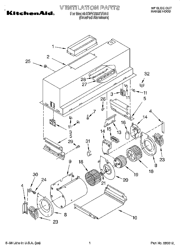 SECTION Diagram and Parts List for KWVU265YBA1  KitchenAid Range Hood