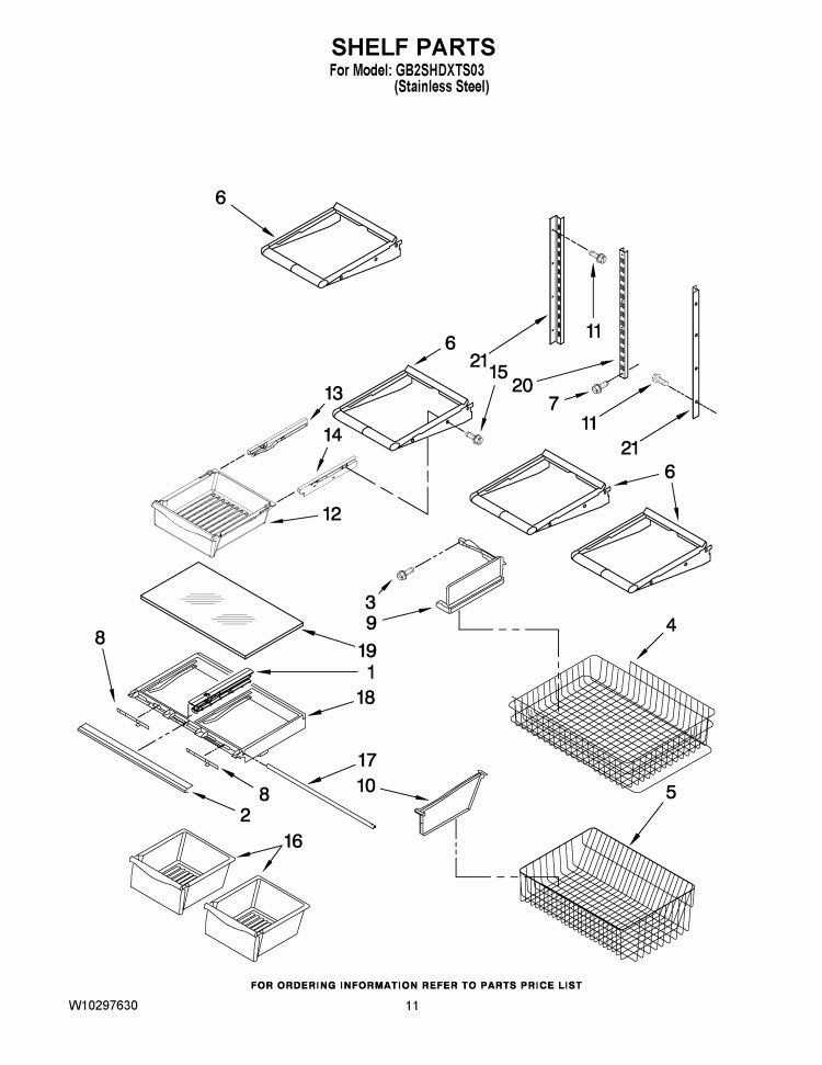 SHELF PARTS Diagram and Parts List for GB2SHDXTS03  Whirlpool Refrigerator