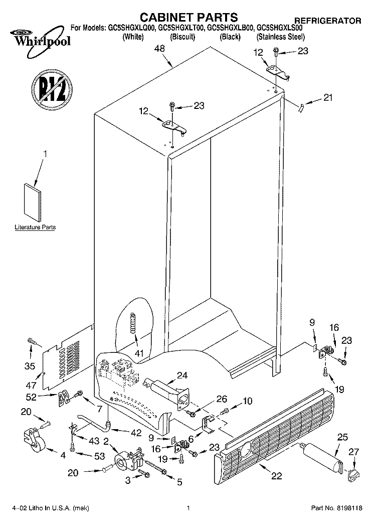 CABINET, LITERATURE Diagram and Parts List for GC5SHGXLB00  Whirlpool Refrigerator