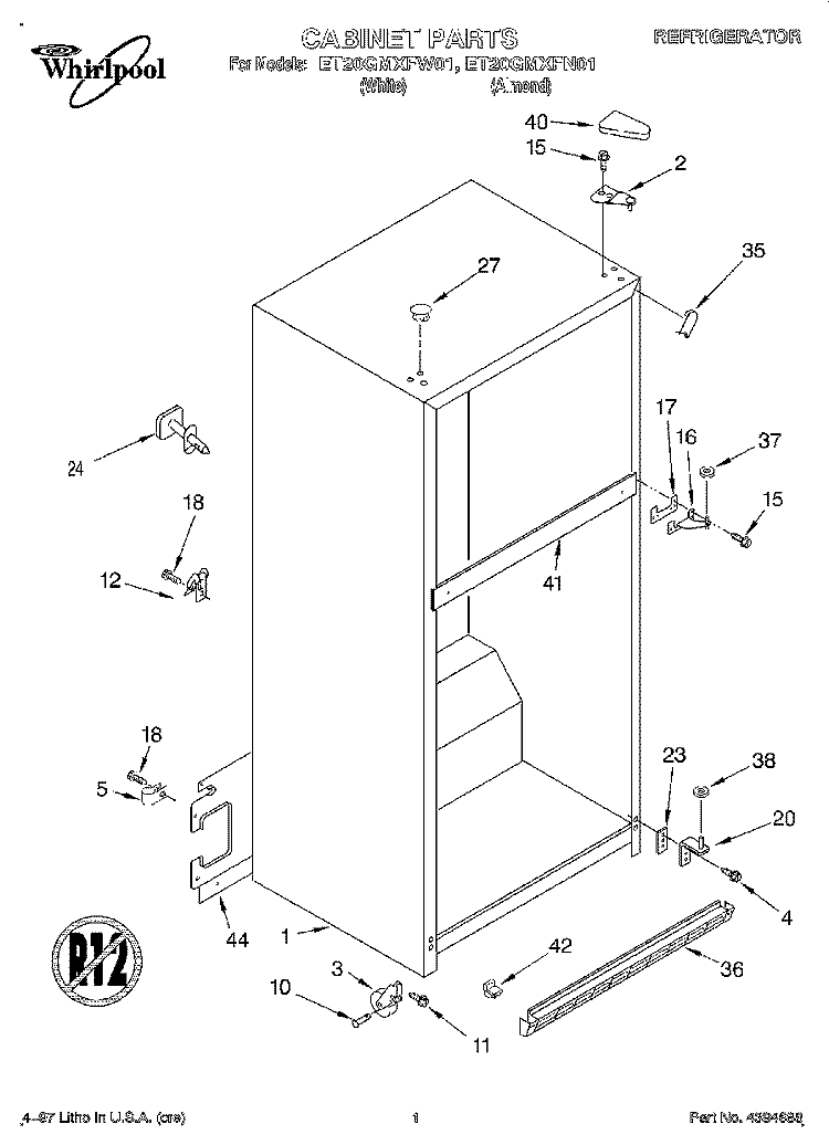 CABINET Diagram and Parts List for ET20GMXFW01  Whirlpool Refrigerator