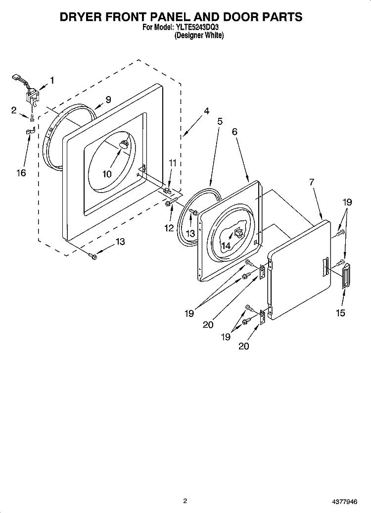 DRYER FRONT PANEL AND DOOR PARTS Diagram and Parts List for YLTE5243DQ3  Whirlpool Washer Dryer Combo