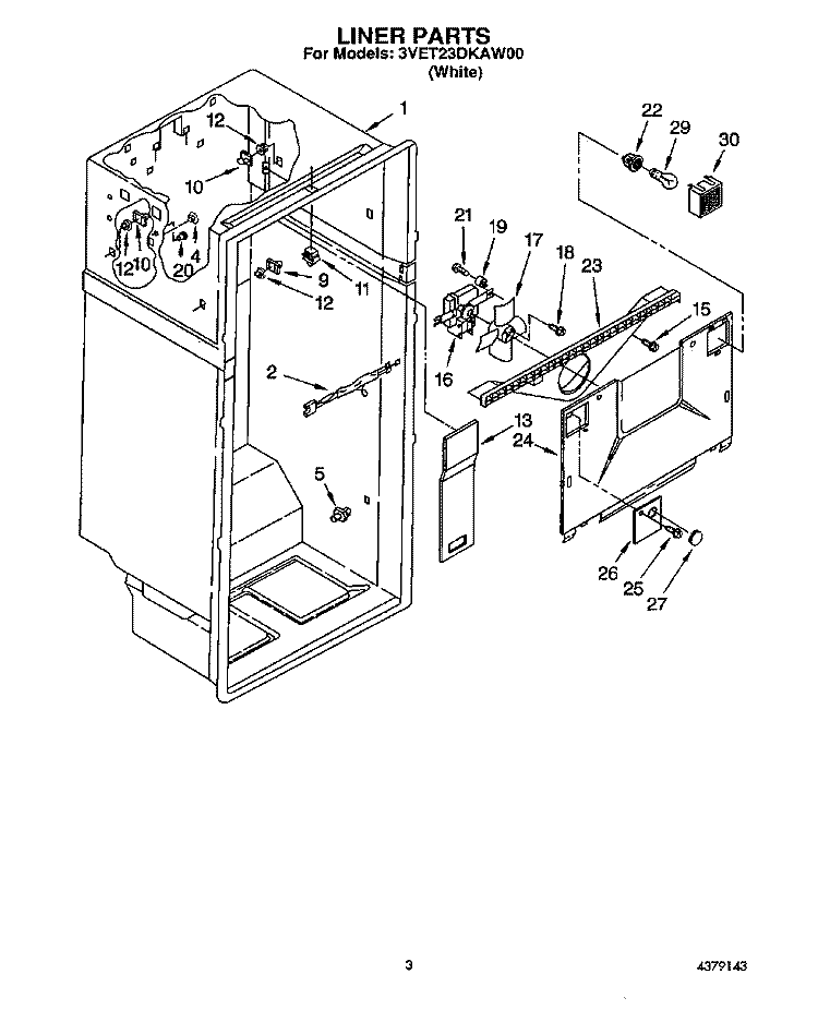 LINER Diagram and Parts List for 3VET23DKAW00  Whirlpool Refrigerator