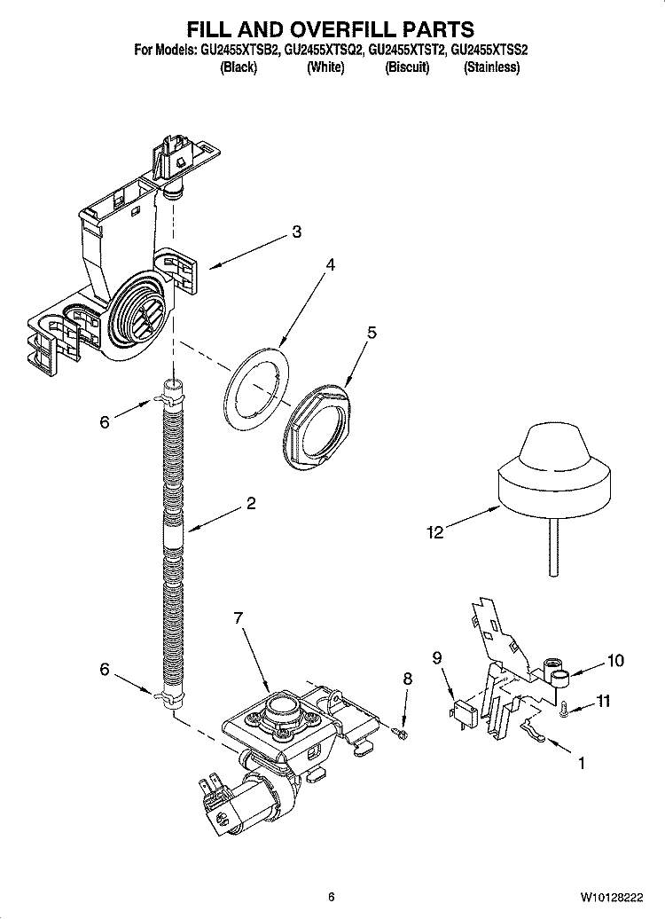 FILL AND OVERFILL PARTS Diagram and Parts List for GU2455XTSB2  Whirlpool Dishwasher