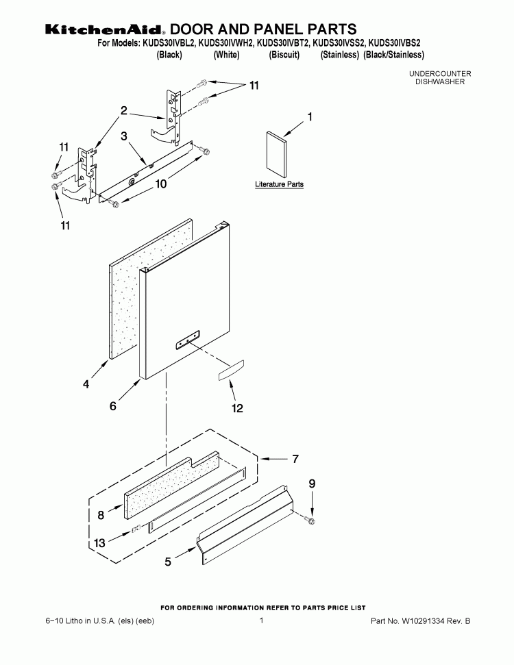 DOOR AND PANEL PARTS Diagram and Parts List for KUDS30IVBS2  KitchenAid Dishwasher