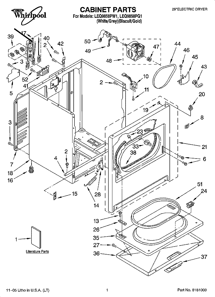 CABINET PARTS Diagram and Parts List for LEQ9858PW1  Whirlpool Dryer