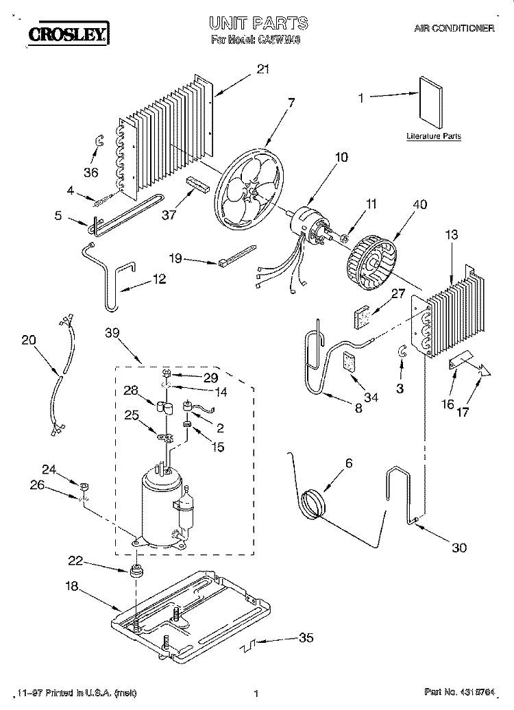 UNIT, LITERATURE Diagram and Parts List for CA5WM46  Crosley Air Conditioner