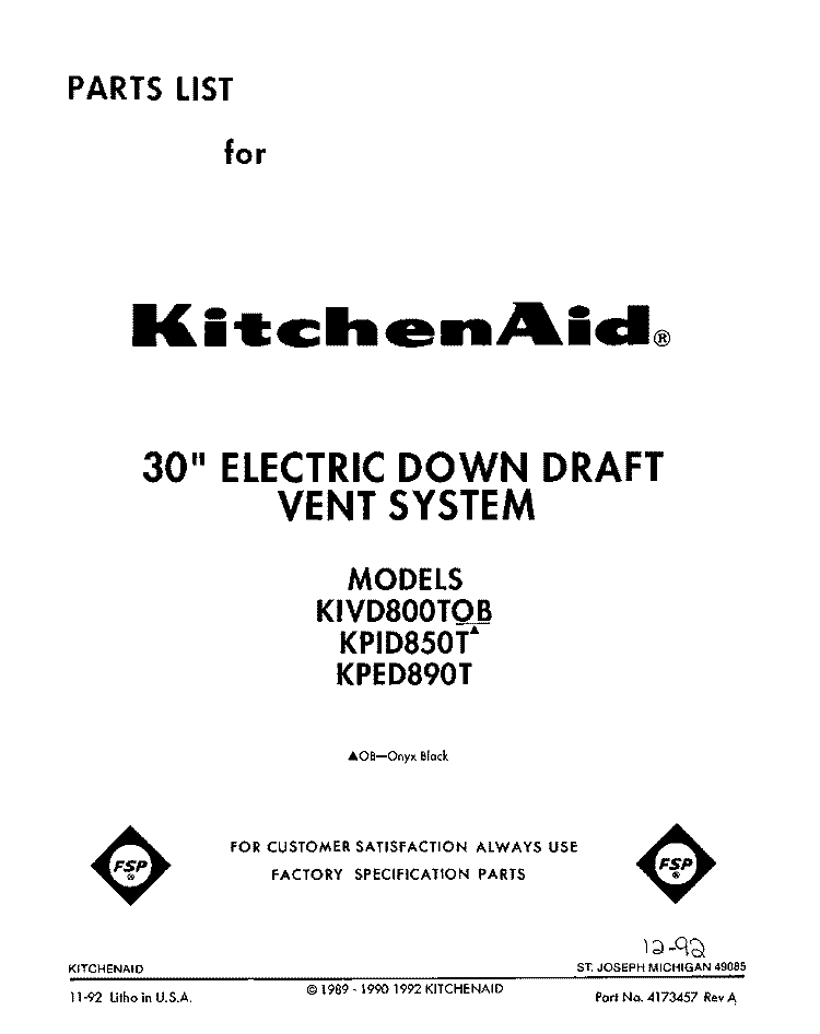 SECTION Diagram and Parts List for KIVD800TOB  KitchenAid Range Hood
