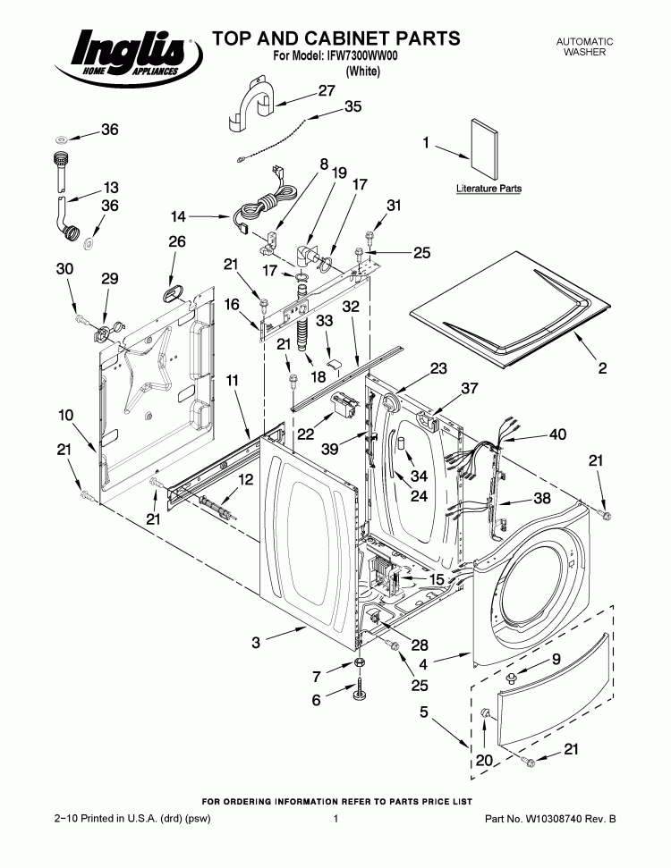 TOP AND CABINET PARTS Diagram and Parts List for IFW7300WW00  Inglis Washer