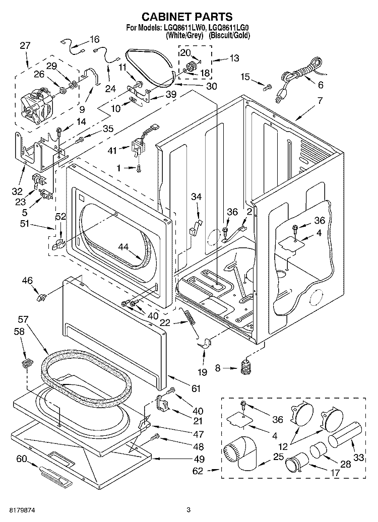 CABINET Diagram and Parts List for LGQ8611LW0  Whirlpool Dryer