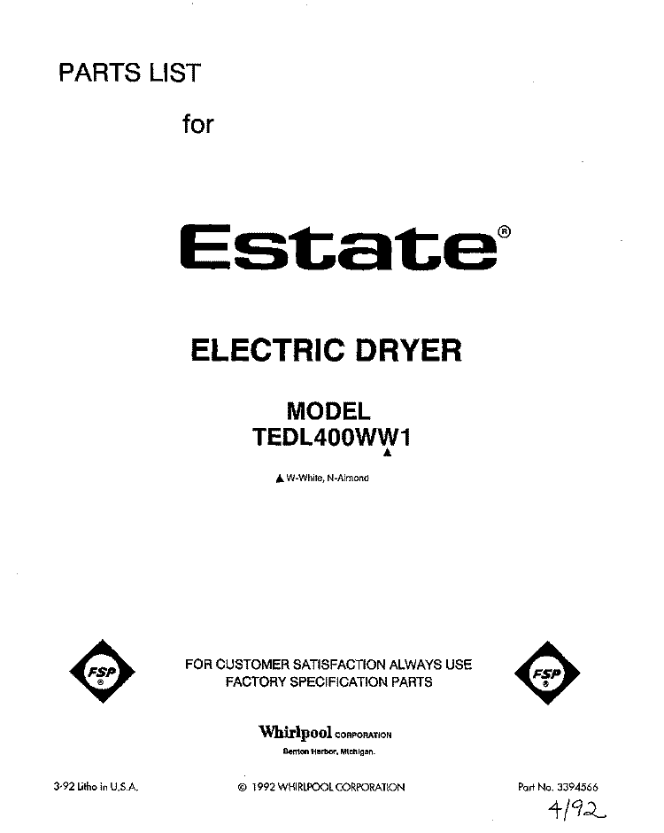 SECTION Diagram and Parts List for TEDL400WN1  Whirlpool Dryer