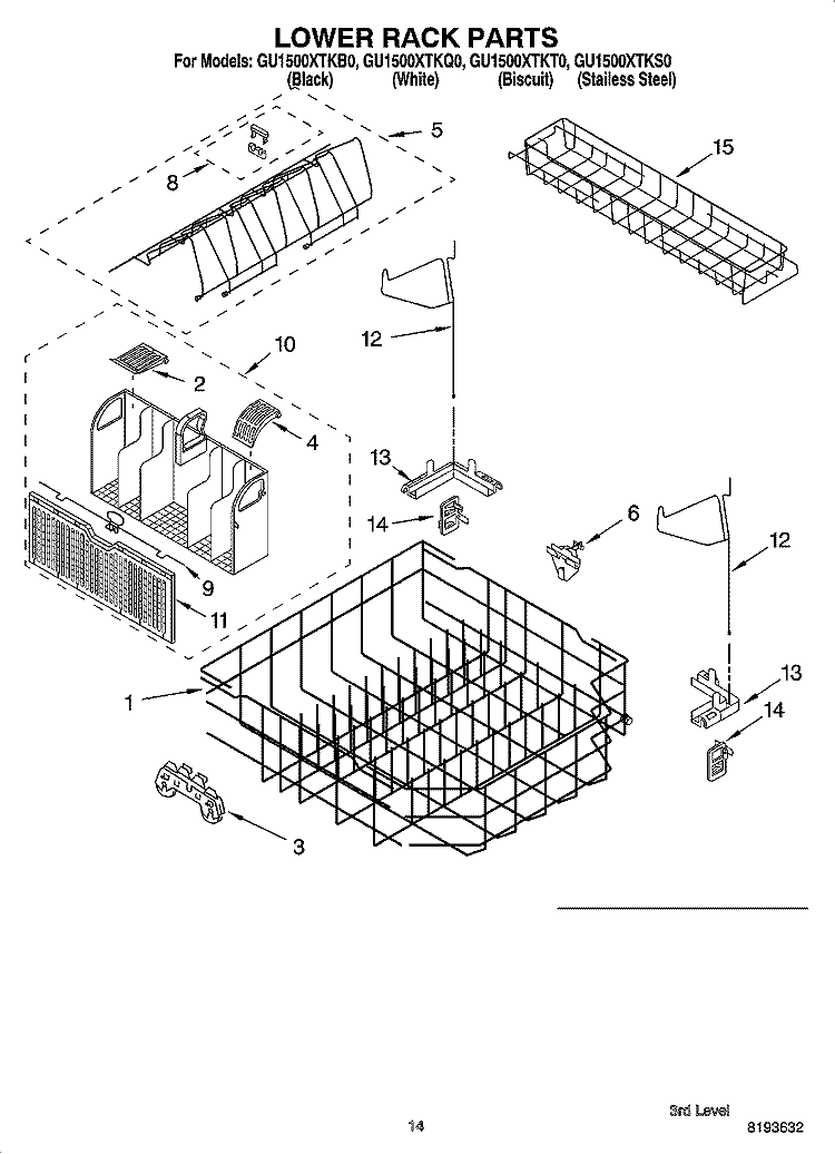 LOWER RACK PARTS Diagram and Parts List for GU1500XTKQ0  Whirlpool Dishwasher