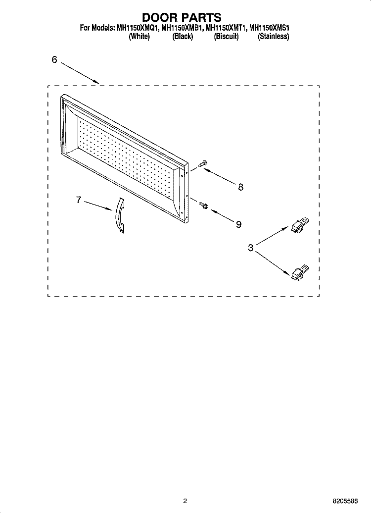 DOOR PARTS Diagram and Parts List for MH1150XMB1  Whirlpool Microwave