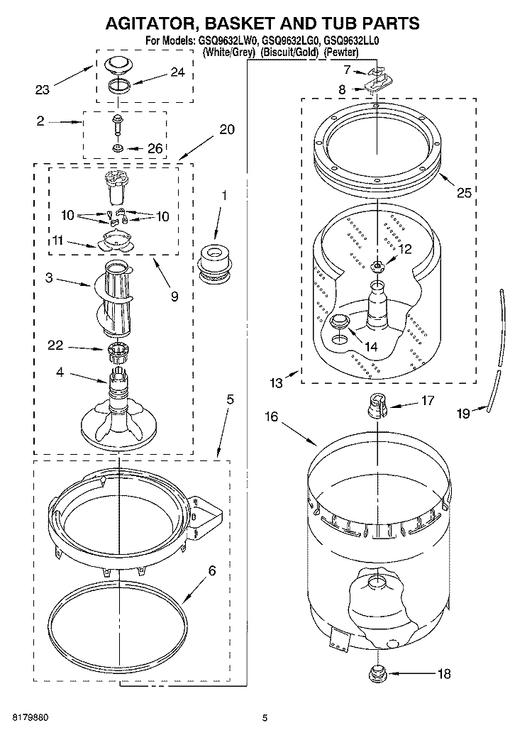 AGITATOR, BASKET AND TUB Diagram and Parts List for GSQ9632LL0  Whirlpool Washer