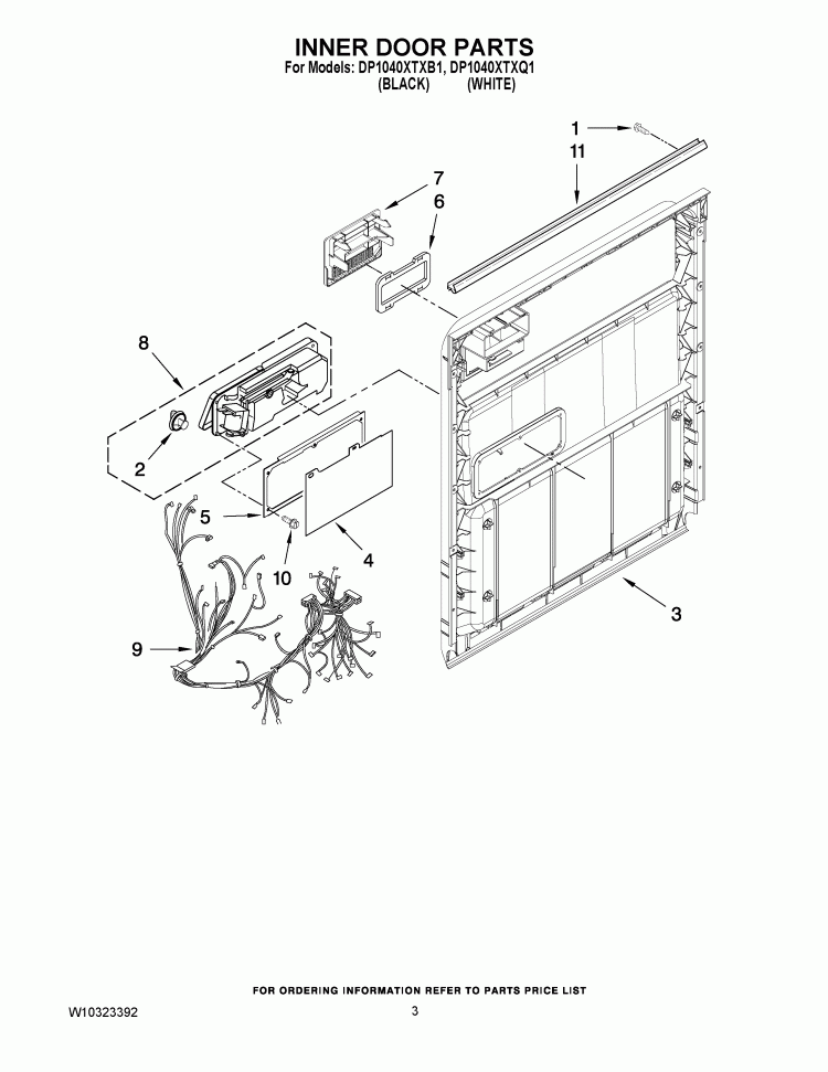 INNER DOOR PARTS Diagram and Parts List for DP1040XTXB1  Whirlpool Dishwasher
