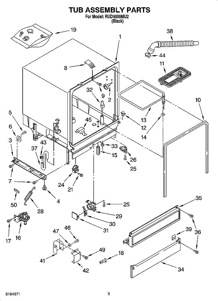 TUB ASSEMBLY PARTS Diagram and Parts List for RUD4000MU2  Roper Dishwasher
