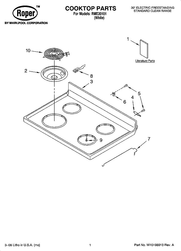 COOKTOP PARTS Diagram and Parts List for RME30101  Roper Range