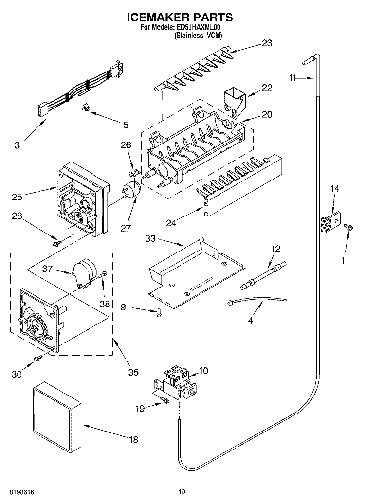 ICEMAKER PARTS, PARTS NOT ILLUSTRATED Diagram and Parts List for ED5JHAXML00  Whirlpool Refrigerator