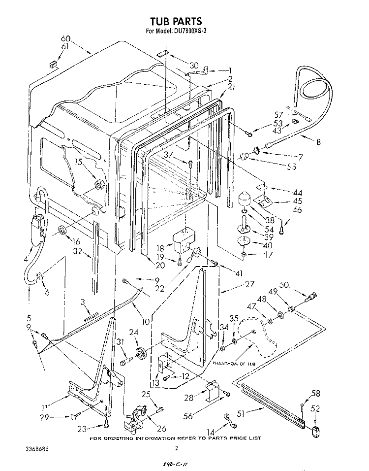TUB , LITERATURE AND OPTIONAL Diagram and Parts List for DU7800XS3  Whirlpool Dishwasher