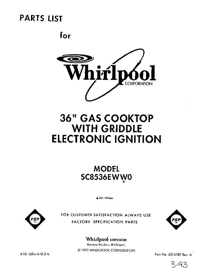 SECTION Diagram and Parts List for SC8536EWW0  Whirlpool Cooktop