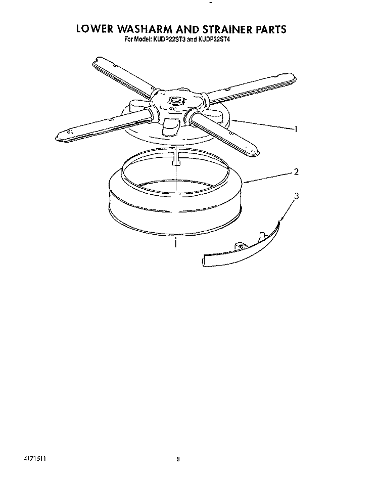 LOWER WASHARM AND STRAINER Diagram and Parts List for KUDP22ST4  KitchenAid Dishwasher