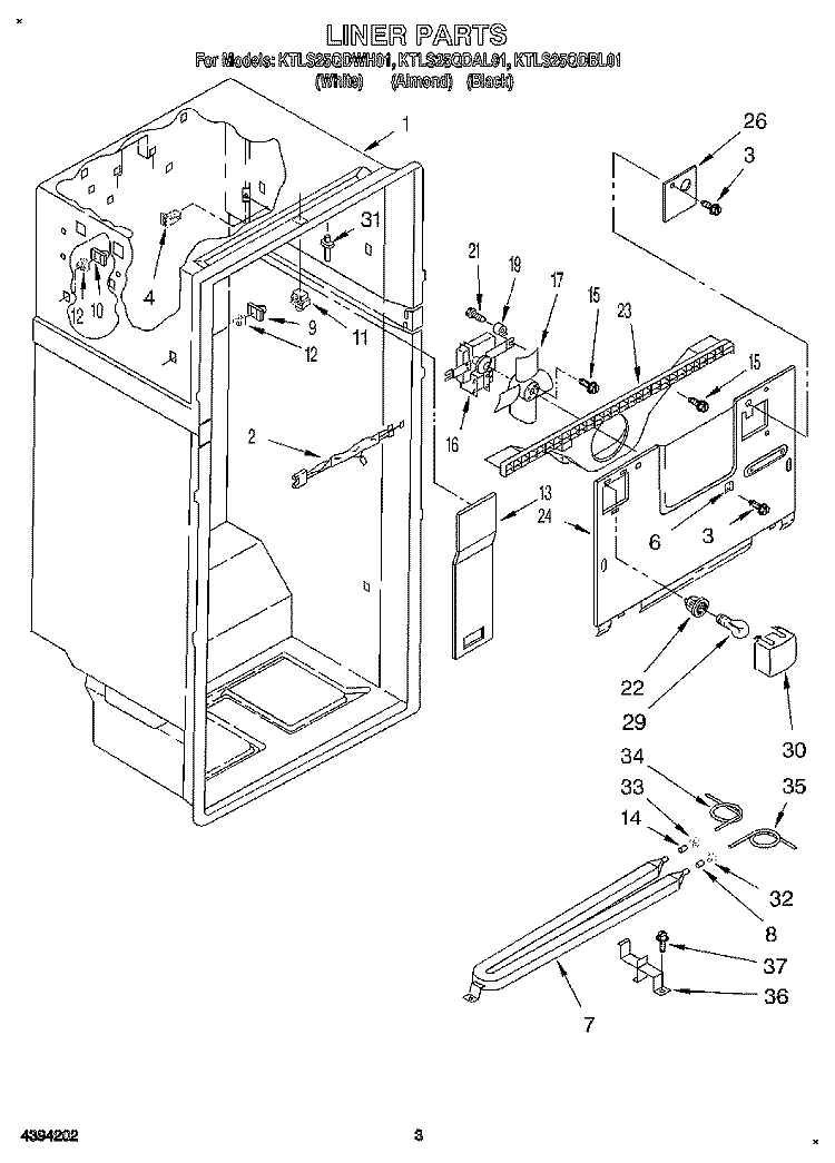 LINER Diagram and Parts List for KTLS25QDWH01  KitchenAid Refrigerator