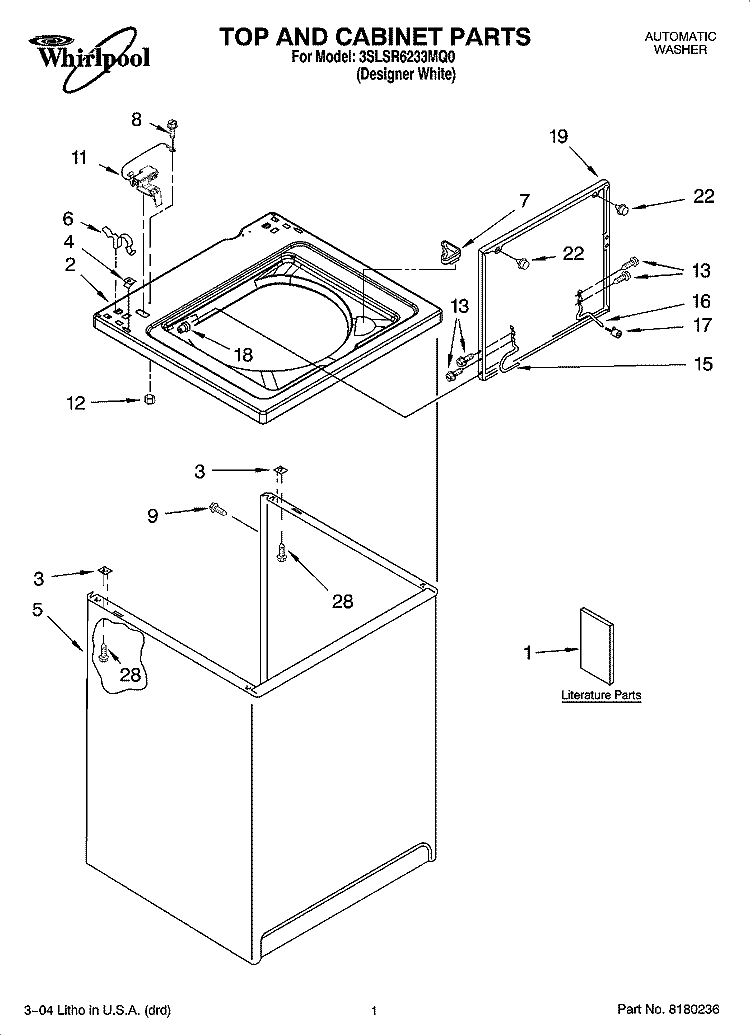 TOP AND CABINET PARTS Diagram and Parts List for 3SLSR6233MQ0  Whirlpool Washer