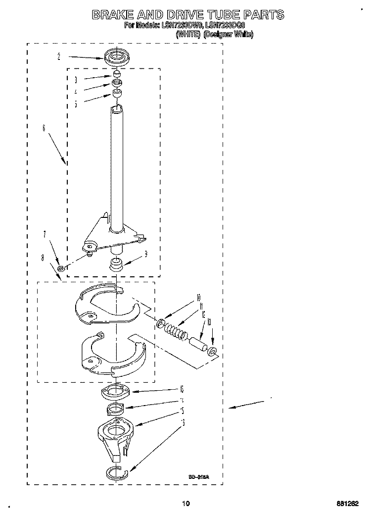 BRAKE AND DRIVE TUBE Diagram and Parts List for LSN7233DW0  Whirlpool Washer