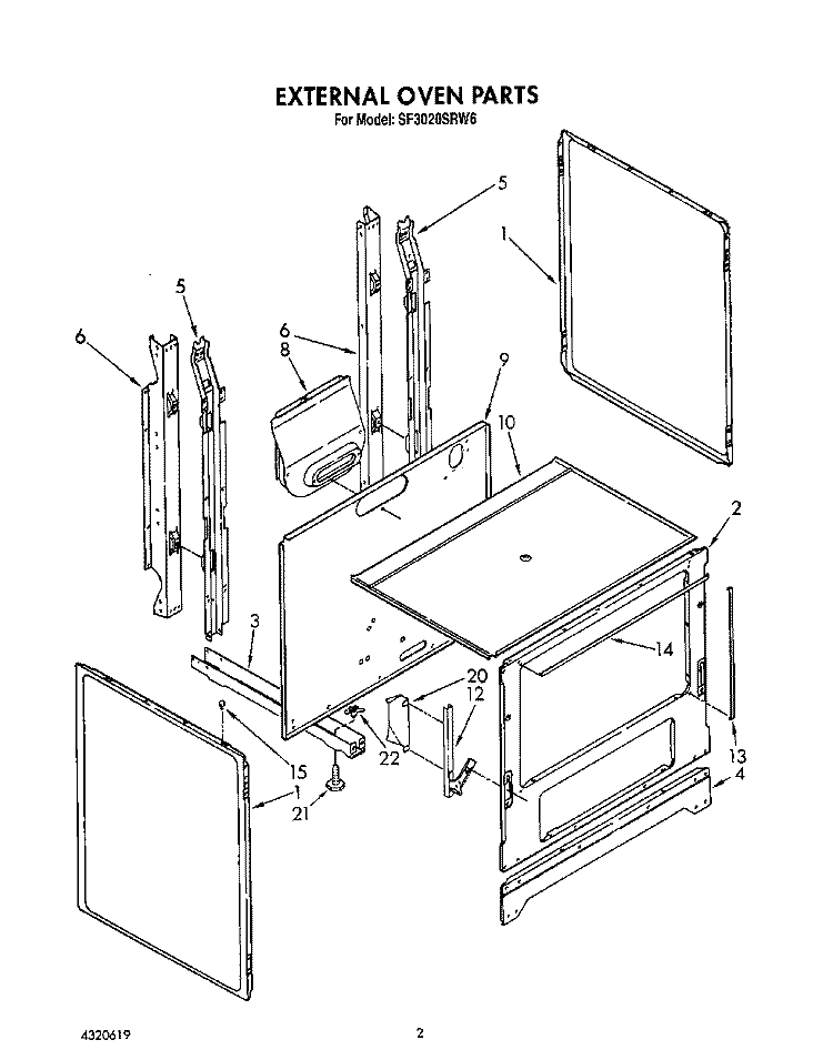 EXTERNAL OVEN Diagram and Parts List for SF3020SRW6  Whirlpool Range