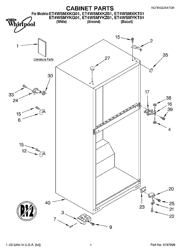 CABINET, LITERATURE Diagram and Parts List for ET4WSMXKT01  Whirlpool Refrigerator