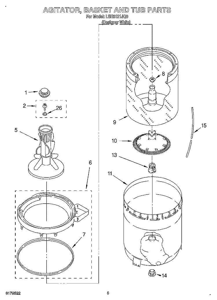 AGITATOR, BASKET AND TUB Diagram and Parts List for LSR5121JQ0  Whirlpool Washer