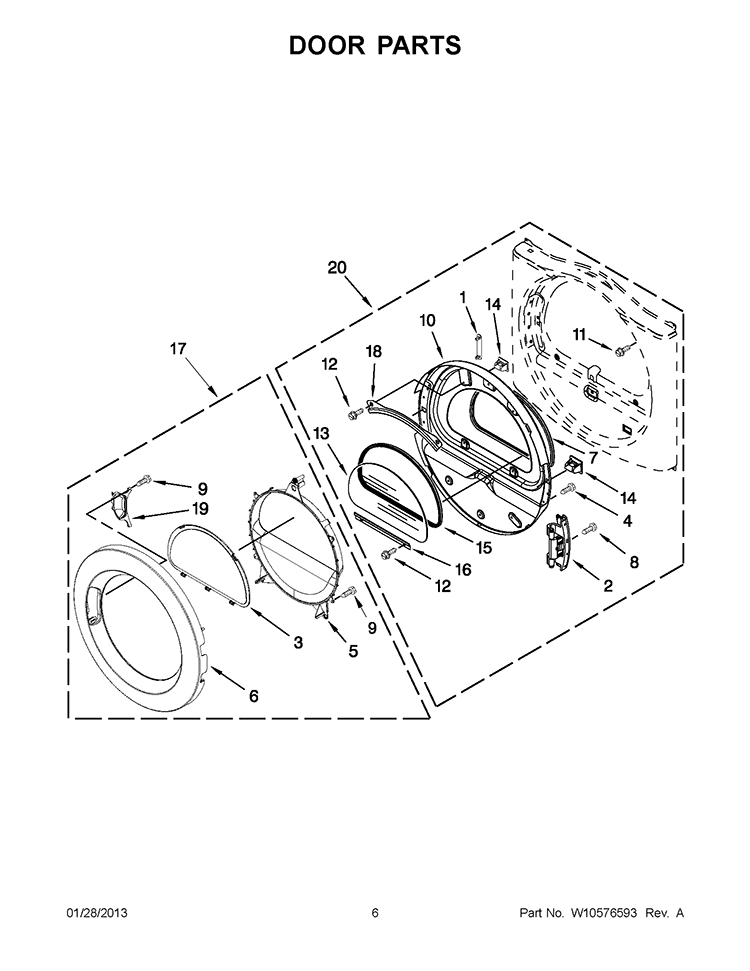 DOOR PARTS Diagram and Parts List for YWED9050XW2  Whirlpool Dryer