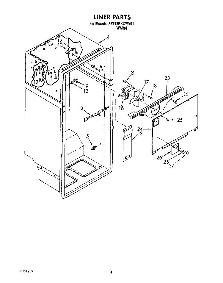 LINER Diagram and Parts List for 8ET18RKXYN01  Whirlpool Refrigerator