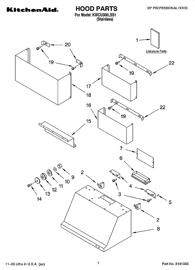HOOD PARTS Diagram and Parts List for KWCU300LSS1  KitchenAid Range Hood