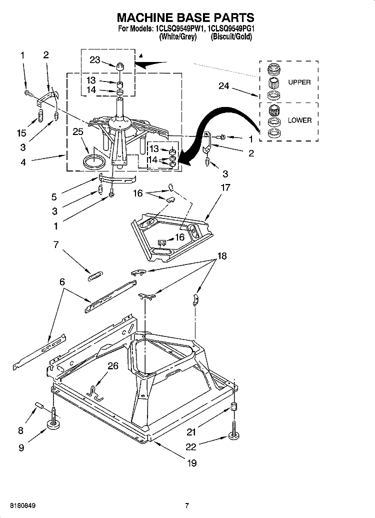 MACHINE BASE PARTS Diagram and Parts List for 1CLSQ9549PW1  Whirlpool Washer
