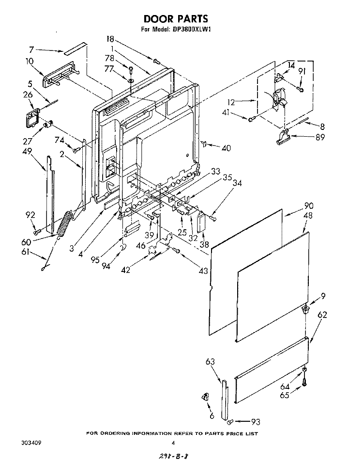 DOOR Diagram and Parts List for DP3800XLW1  Whirlpool Dishwasher