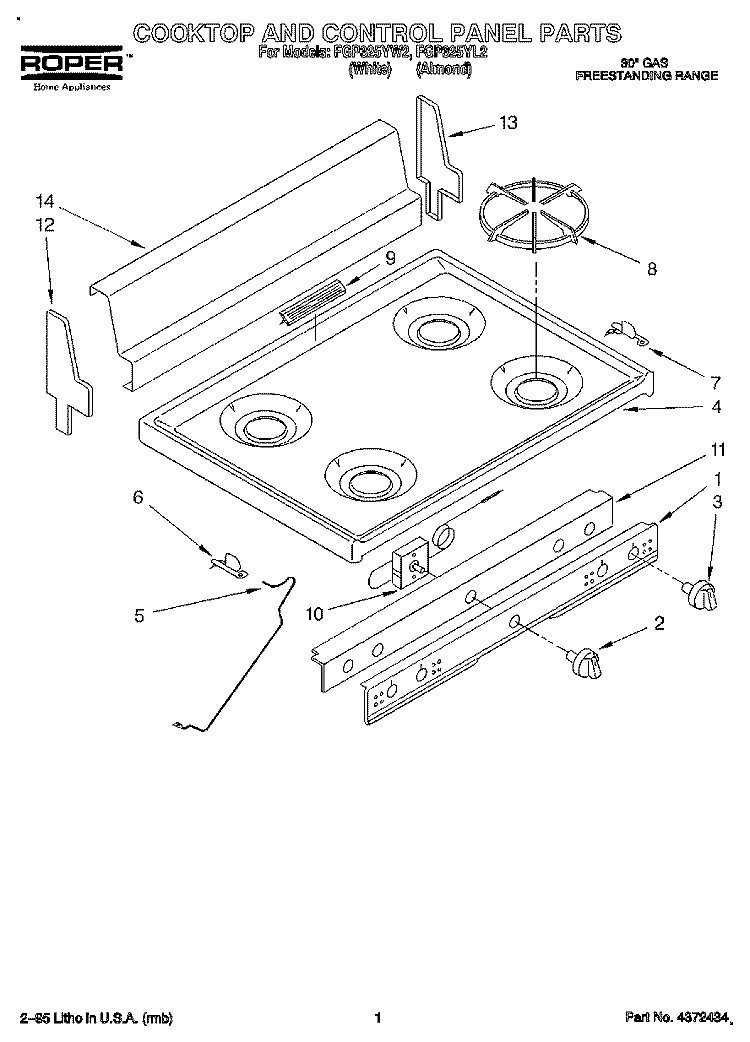 COOKTOP AND CONTROL PANEL, LITERATURE Diagram and Parts List for FGP325YL2  Roper Range