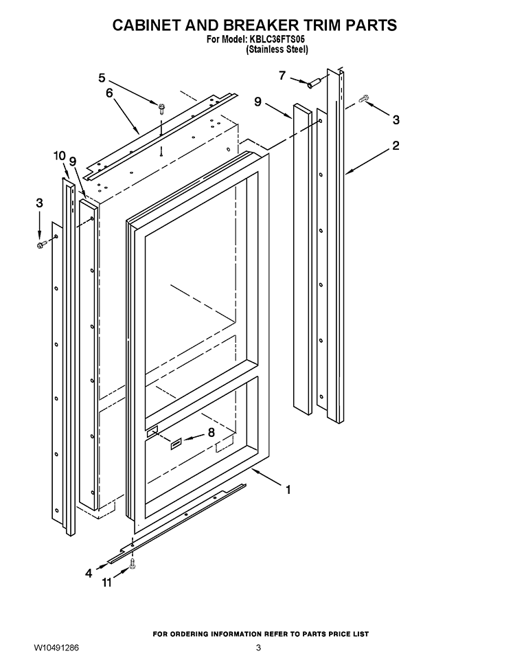 CABINET AND BREAKER TRIM PARTS Diagram and Parts List for KBLC36FTS05  KitchenAid Refrigerator