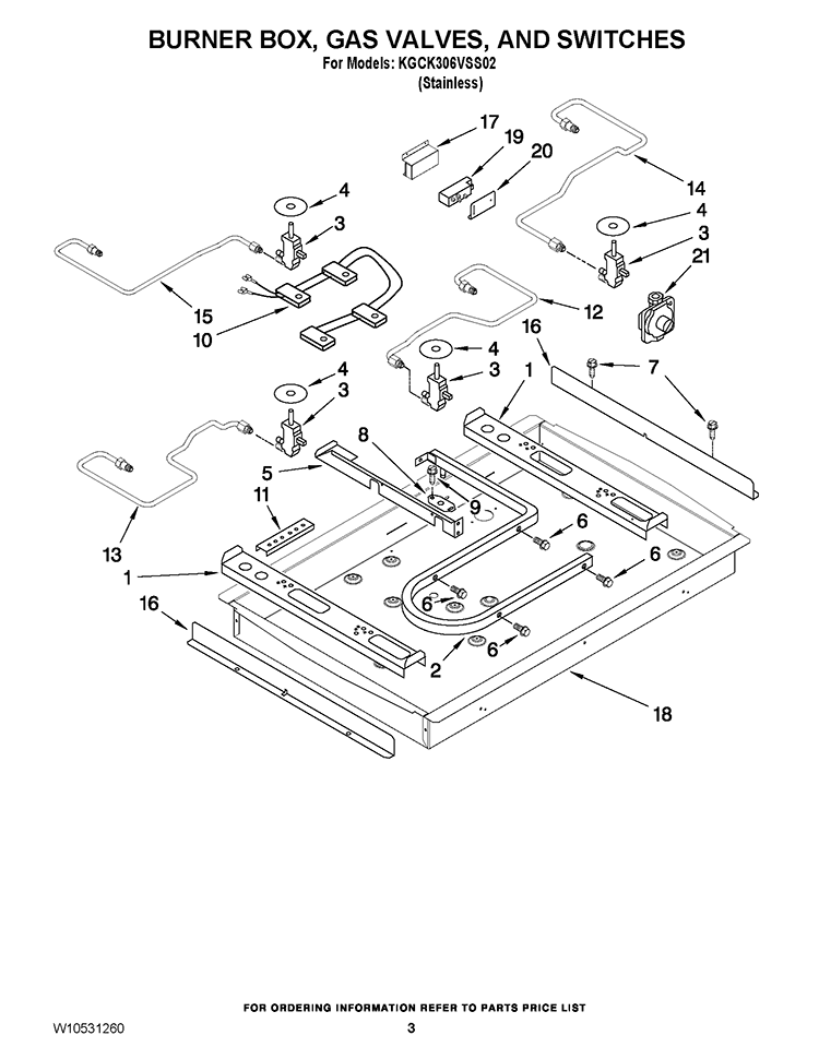 BURNER BOX, GAS VALVES, AND SWITCHES Diagram and Parts List for KGCK306VSS02  KitchenAid Cooktop