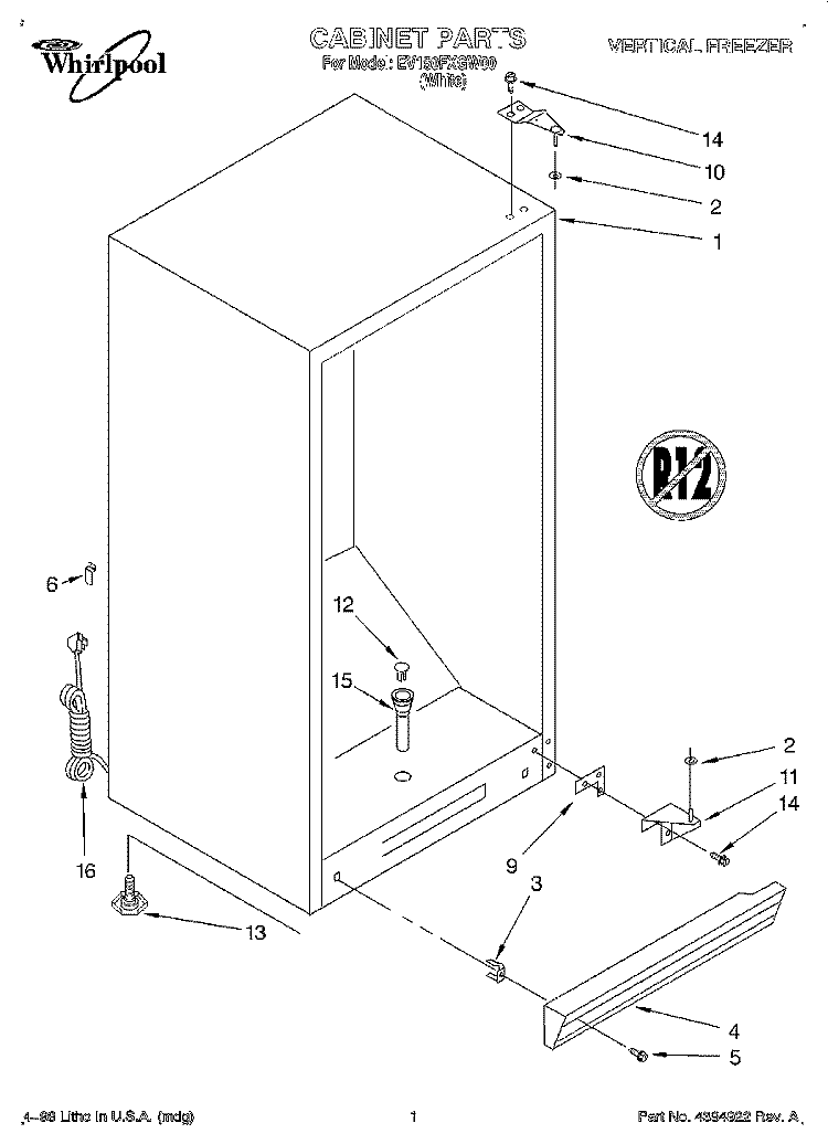CABINET Diagram and Parts List for EV150FXGW00  Whirlpool Freezer