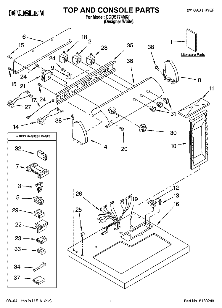 TOP AND CONSOLE PARTS Diagram and Parts List for CGDS774MQ1  Crosley Dryer
