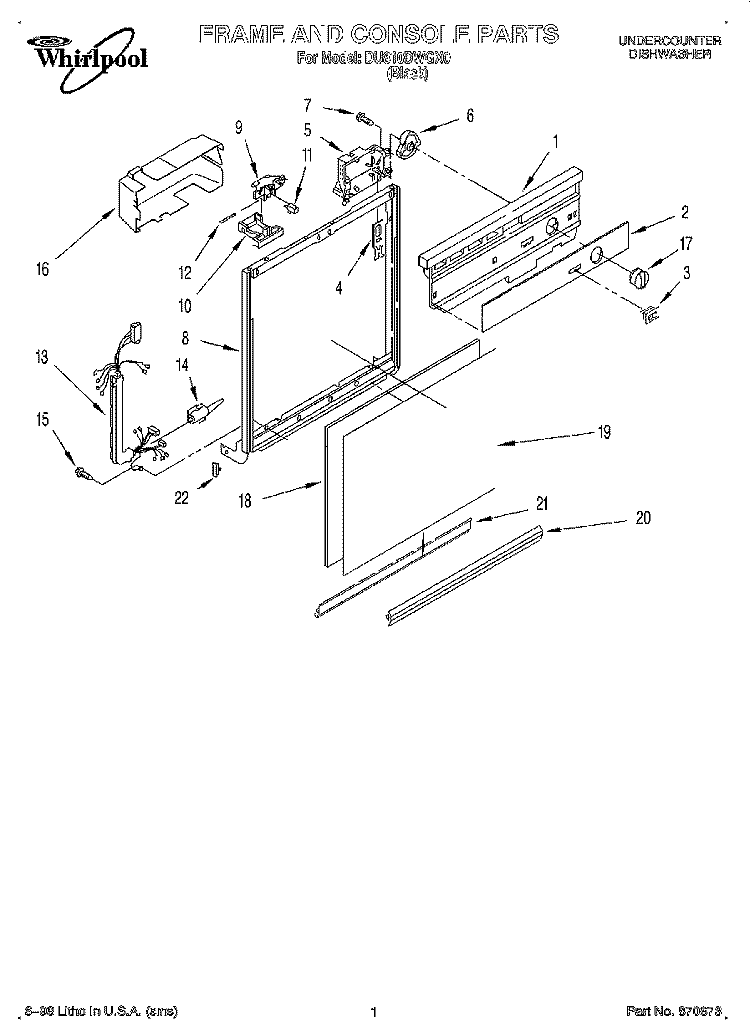 FRAME AND CONSOLE Diagram and Parts List for DU810DWGX0  Whirlpool Dishwasher