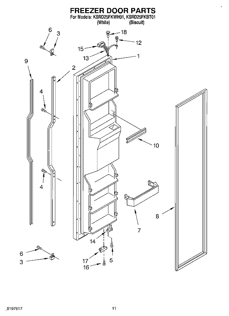 FREEZER DOOR Diagram and Parts List for KSRD25FKWH01  KitchenAid Refrigerator