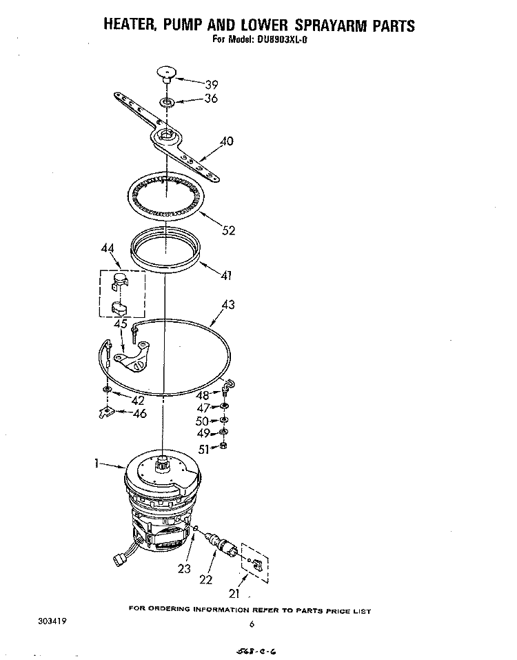 HEATER, PUMP AND LOWER SPRAY ARM Diagram and Parts List for DU8903XL0  Whirlpool Dishwasher
