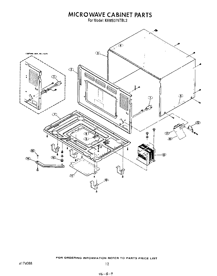 MICROWAVE CABINET Diagram and Parts List for KEMS376TBL2  KitchenAid Microwave Oven Combo