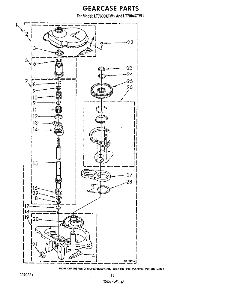 GEARCASE Diagram and Parts List for LT7000XTF1  Whirlpool Washer Dryer Combo