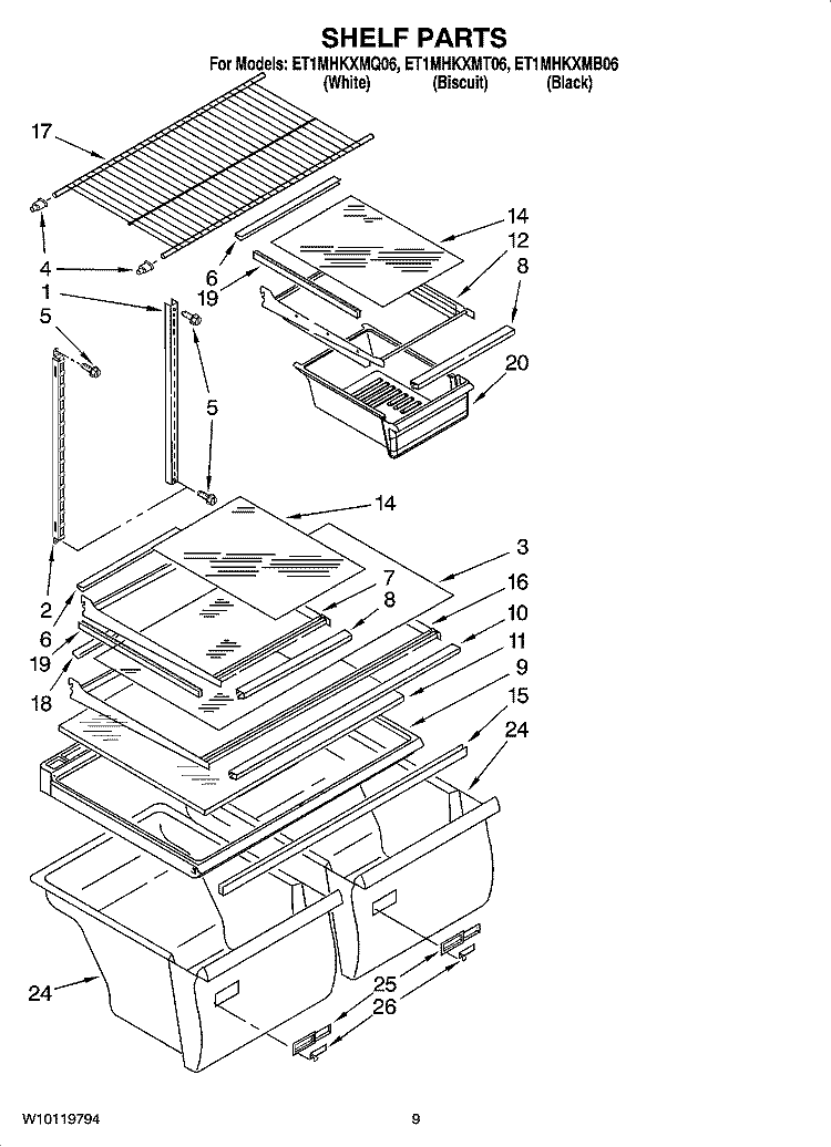 SHELF PARTS, OPTIONAL PARTS (NOT INCLUDED) Diagram and Parts List for ET1MHKXMQ06  Whirlpool Refrigerator